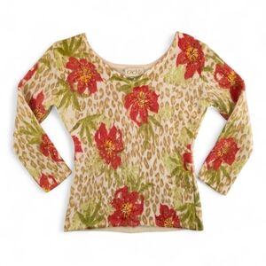 Vintage Y2K Cache Leopard Floral Angora Rabbit V-Neck Sweater XS Sequin Beaded